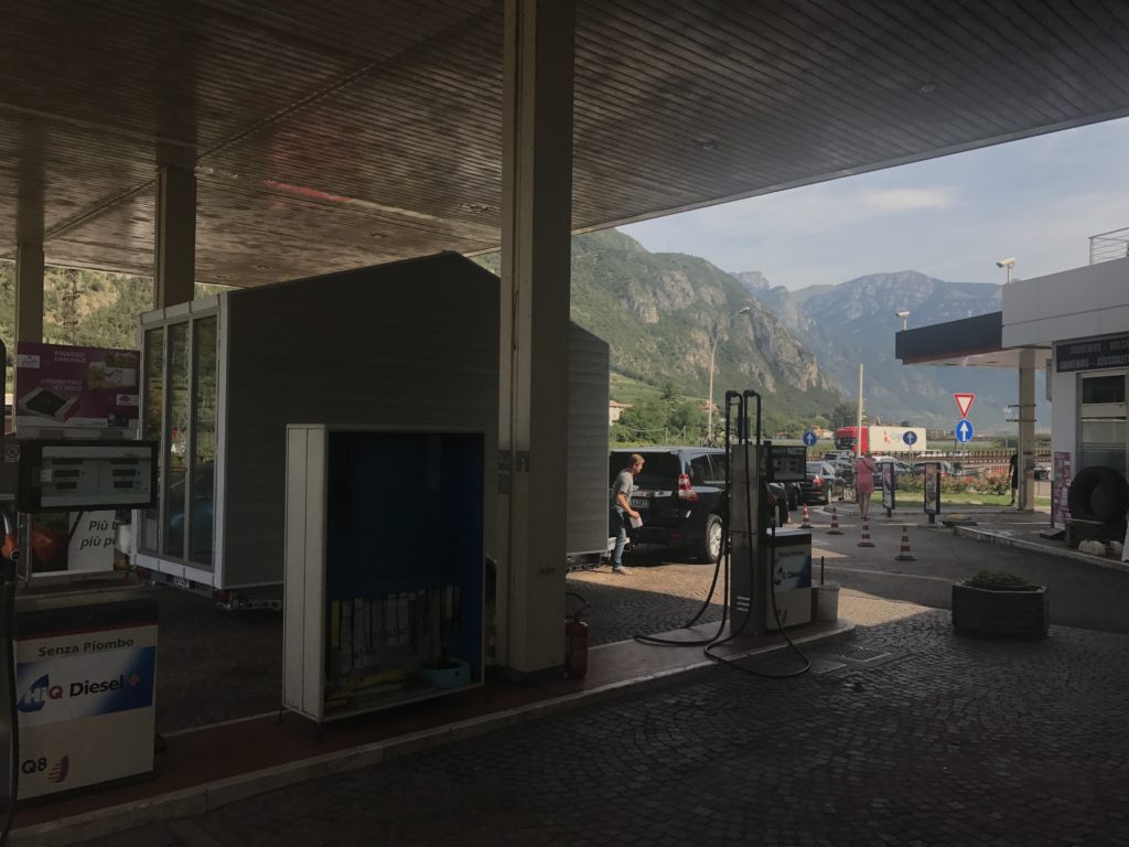 aVOID stops at a gas station just before heading out the Brennero pass on the Alps. (Brentino Belluno, 16th august 2017) © Leonardo Di Chiara